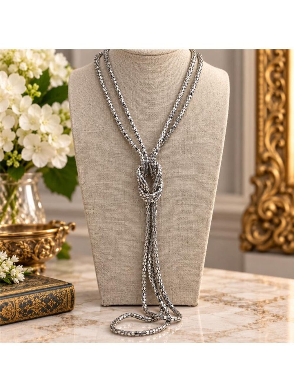 Silver Tone Multi Strand Mesh Chain Love Knot Lariat Tassel Necklace 30"